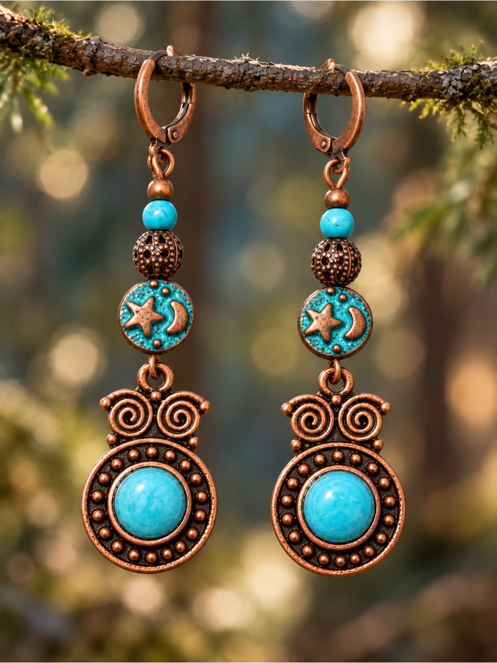 Turquoise-Inspired Antique Copper Owl Earrings, Moon & Star Dangles